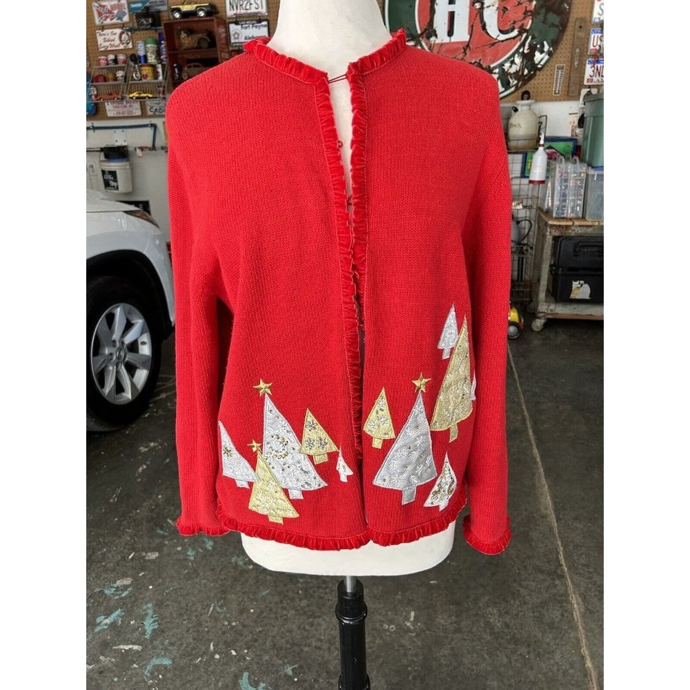 Christmas tree Sweater Cardigan Ambra Ugly Holiday Lg Red Ruffled